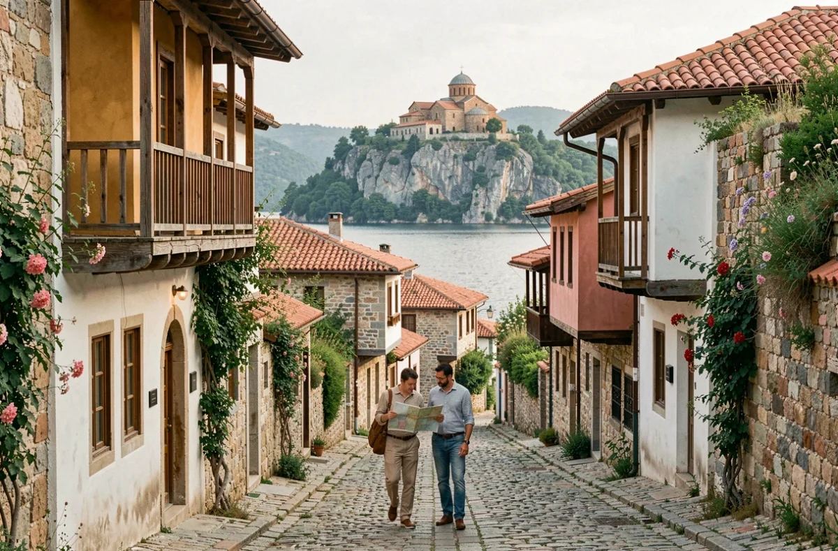 Rue pavée du vieux Ohrid avec maisons ottomanes et vue sur le lac de Macédoine du Nord