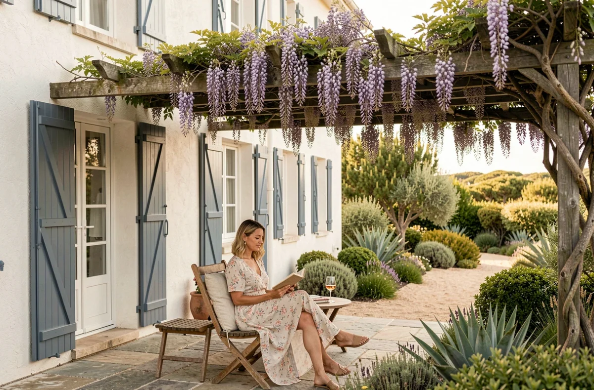 Villa Île d'Yeu, charmante villa-hôtel boutique avec pergola fleurie et terrasse ombragée dans le jardin