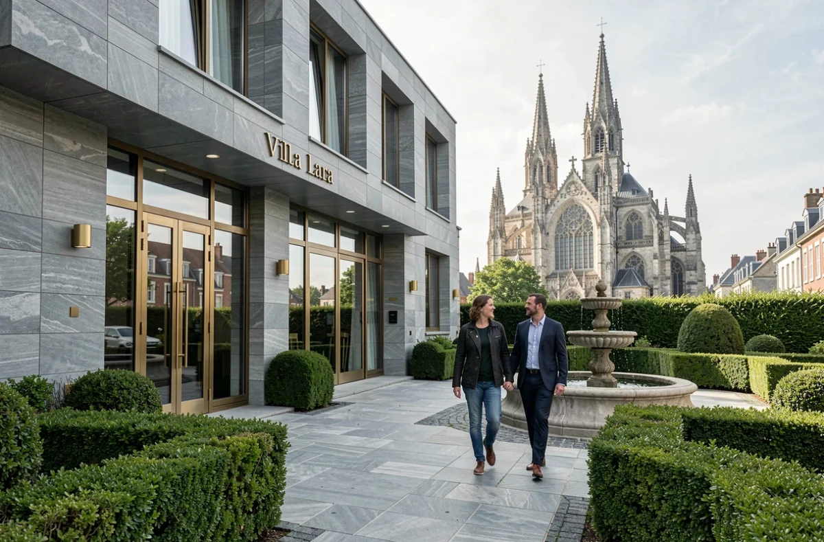 Cour intérieure du Villa Lara Hôtel à Bayeux avec vue sur la cathédrale gothique en arrière-plan