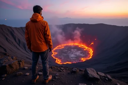 Randonneur au bord du cratère du volcan Nyiragongo contemplant le lac de lave en fusion au lever du jour
