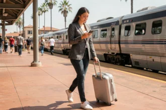 Voyageuse avec un bagage cabine compact sur un quai de train ensoleillé entre San Diego et Los Angeles