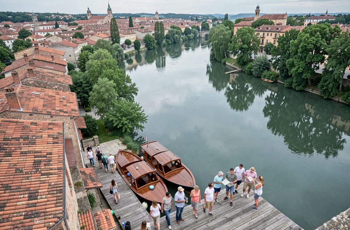 Vue panoramique sur le Tarn et les bateaux de croisière amarrés au bord d'Albi